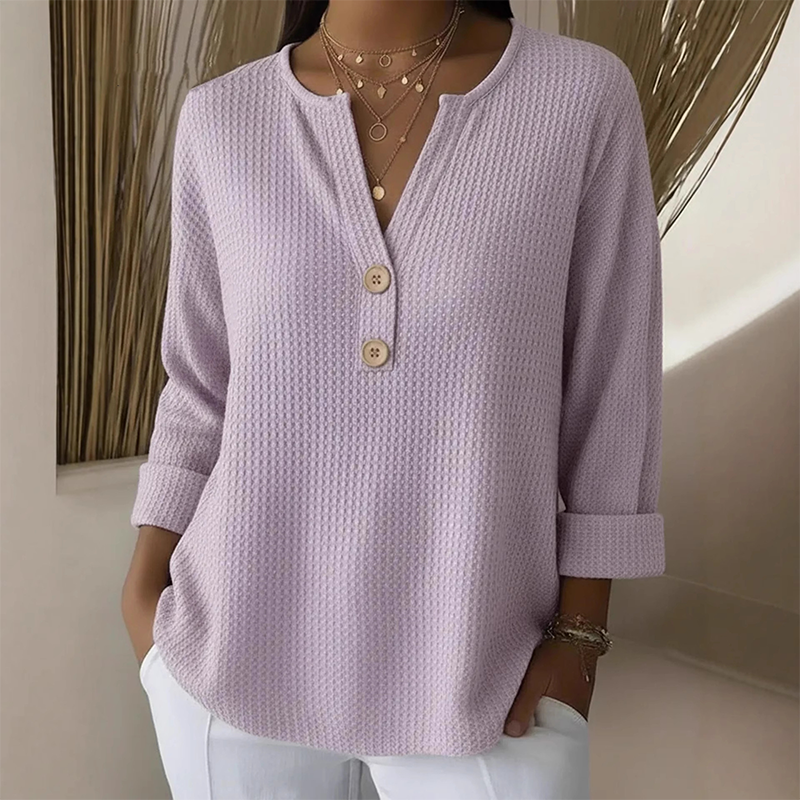 Women's Waffle Knit Button-Up V-Neck Tops