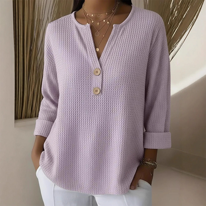 Women's Waffle Knit Button-Up V-Neck Tops
