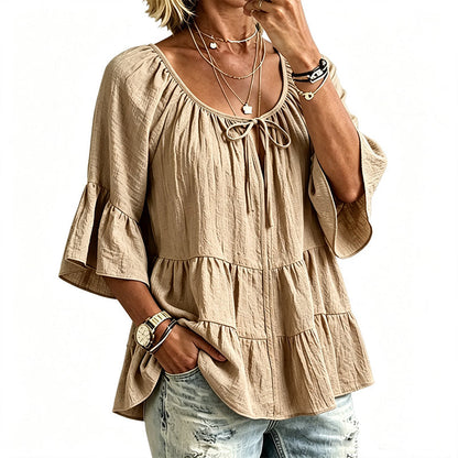 🔥Must-Have👚 Ruffle Tiered Top with 3/4 Sleeves - Elegant Movement & Soft Texture for Effortless Chic