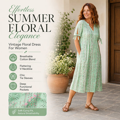 ☀️👗Top Pick - Casual Floral Midi Dress with V-Neck – Soft Drape & Romantic Print