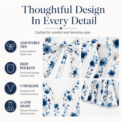 ☀️👗Top Pick - Casual Floral Midi Dress with V-Neck – Soft Drape & Romantic Print