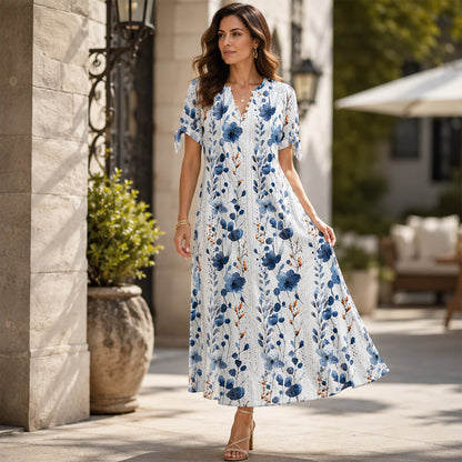 ☀️👗Top Pick - Casual Floral Midi Dress with V-Neck – Soft Drape & Romantic Print