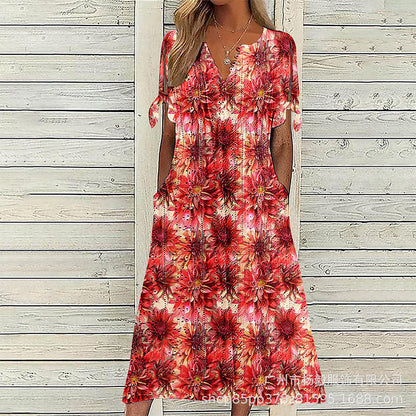 ☀️👗Top Pick - Casual Floral Midi Dress with V-Neck – Soft Drape & Romantic Print