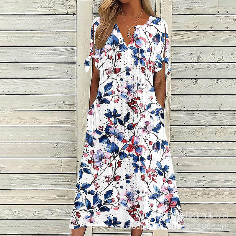☀️👗Top Pick - Casual Floral Midi Dress with V-Neck – Soft Drape & Romantic Print