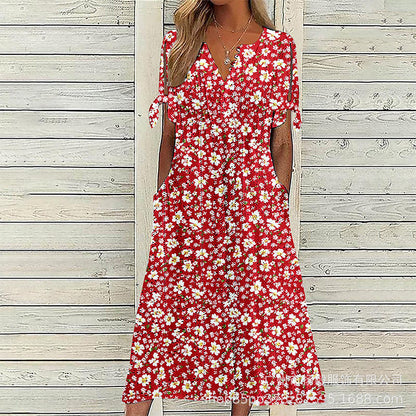 ☀️👗Top Pick - Casual Floral Midi Dress with V-Neck – Soft Drape & Romantic Print