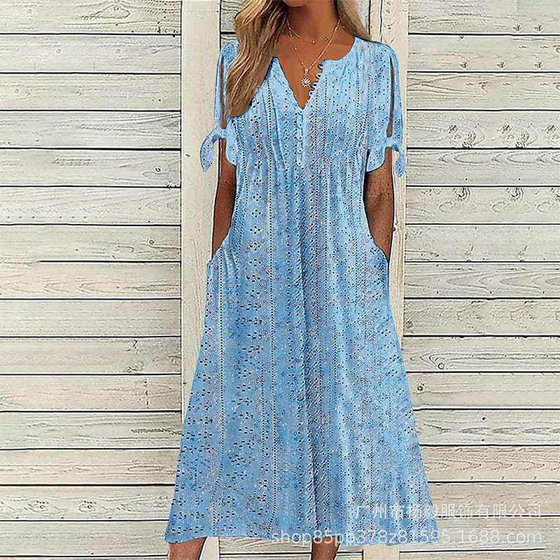 ☀️👗Top Pick - Casual Floral Midi Dress with V-Neck – Soft Drape & Romantic Print