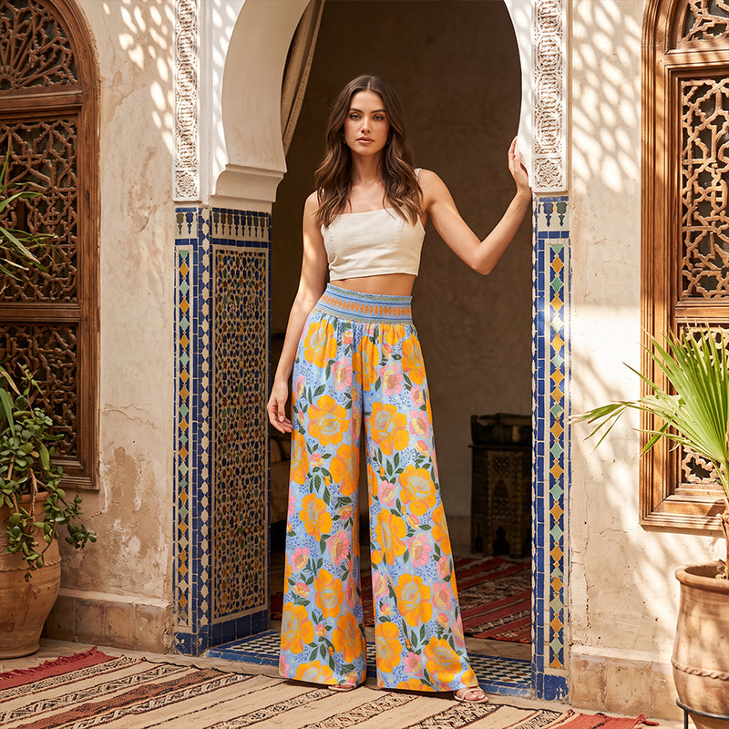 ⌛Limited-time offer-Women's Floral Print High-Waisted Wide-Leg Pants