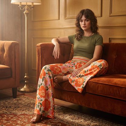 ⌛Limited-time offer-Women's Floral Print High-Waisted Wide-Leg Pants