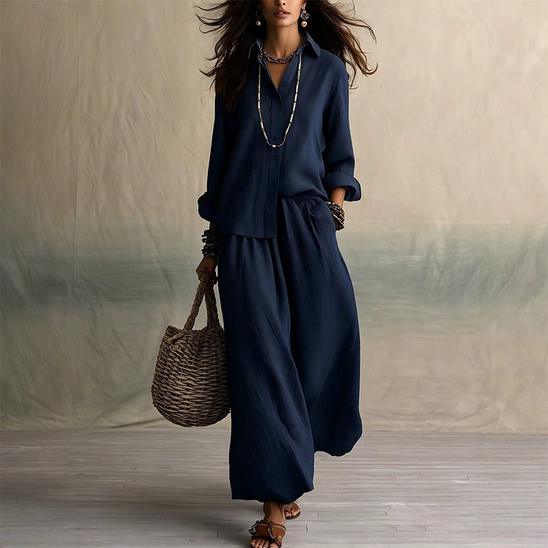 Women's Long Sleeve Shirt & Wide-Leg Pants Set