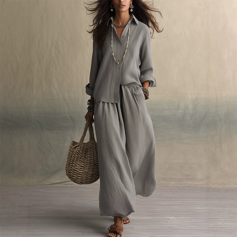Women's Long Sleeve Shirt & Wide-Leg Pants Set