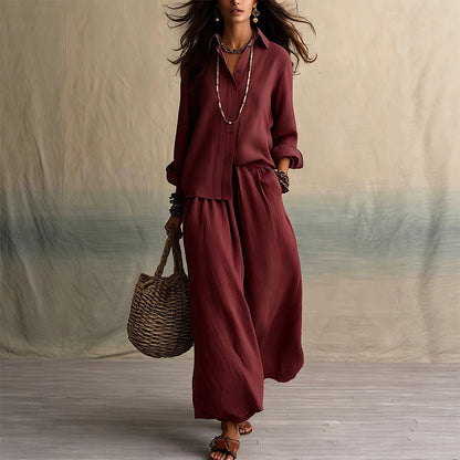 Women's Long Sleeve Shirt & Wide-Leg Pants Set