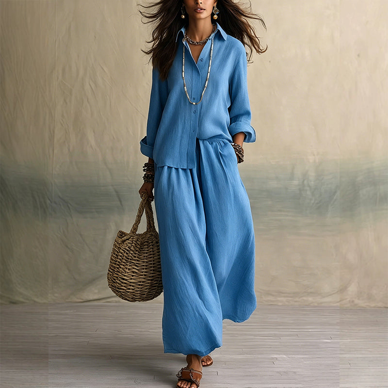 Women's Long Sleeve Shirt & Wide-Leg Pants Set