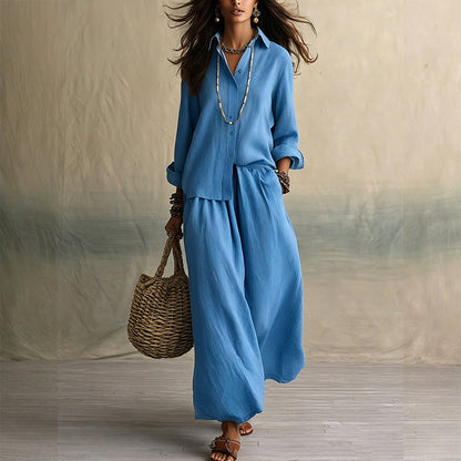 Women's Long Sleeve Shirt & Wide-Leg Pants Set