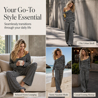 💖Latest Design💫 Casual Striped Set – Tank Top + Striped Top + Wide-Leg Pants