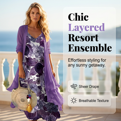 🌸Women's Flowy Printed Dress with Cover-Up Set – Your Perfect Holiday Outfit✨