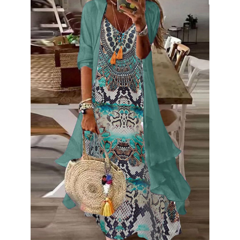 🌸Women's Flowy Printed Dress with Cover-Up Set – Your Perfect Holiday Outfit✨