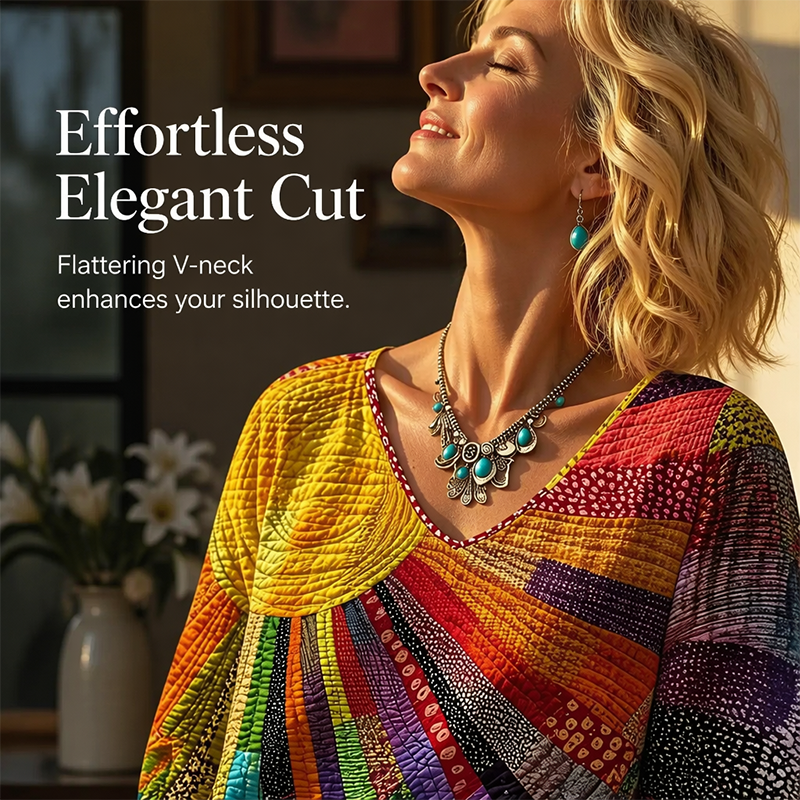 Women's Retro Patchwork V-Neck Blouse