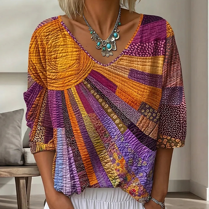 Women's Retro Patchwork V-Neck Blouse