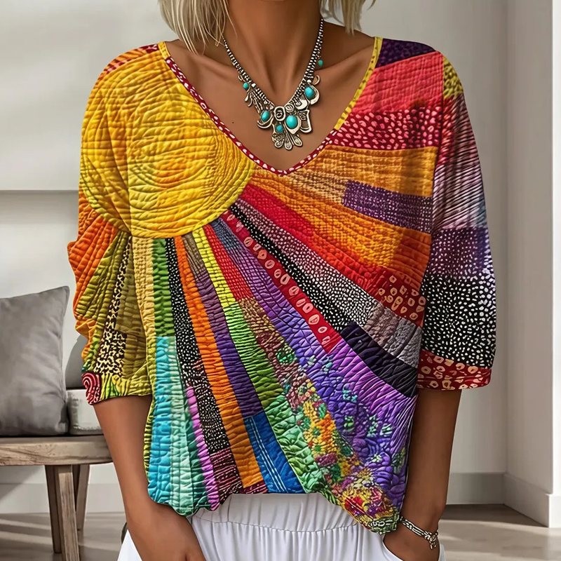 Women's Retro Patchwork V-Neck Blouse