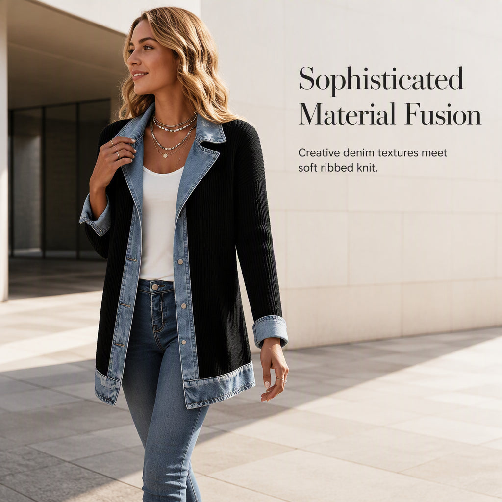 ⌛Limited-time offer-Women’s Elegant Denim Spliced Ribbed Knit Coat