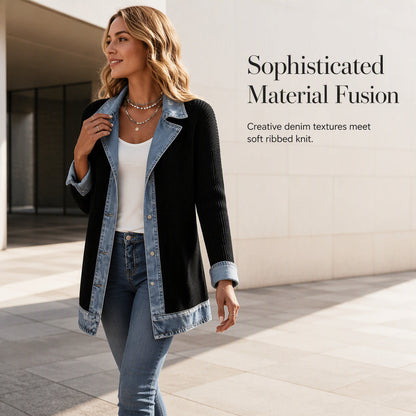 ⌛Limited-time offer-Women’s Elegant Denim Spliced Ribbed Knit Coat