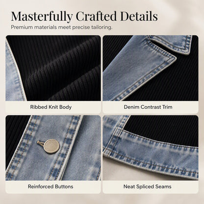 ⌛Limited-time offer-Women’s Elegant Denim Spliced Ribbed Knit Coat