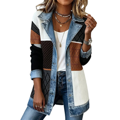 ⌛Limited-time offer-Women’s Elegant Denim Spliced Ribbed Knit Coat