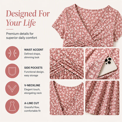 Women's Elegant V-Neck Floral Print Dress with pockets