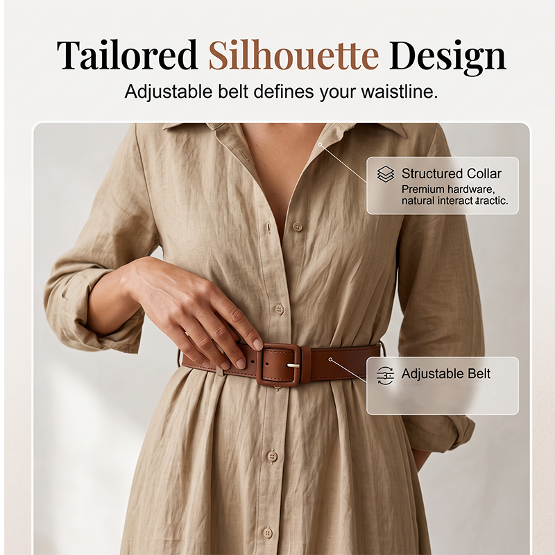 🌸Hot Sale 50% OFF💖Women Long Sleeve Shirt Maxi Dress with Belt Classic Turndown Collar Holiday Resort Long Dress
