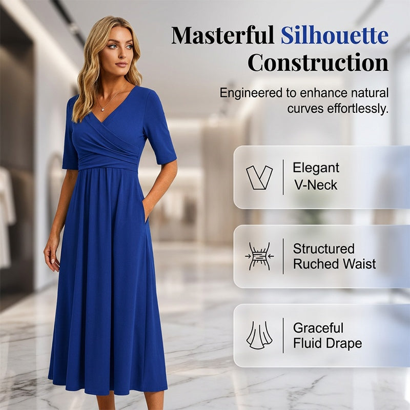 Women's Half Sleeve V-Neck Ruched Midi Dress