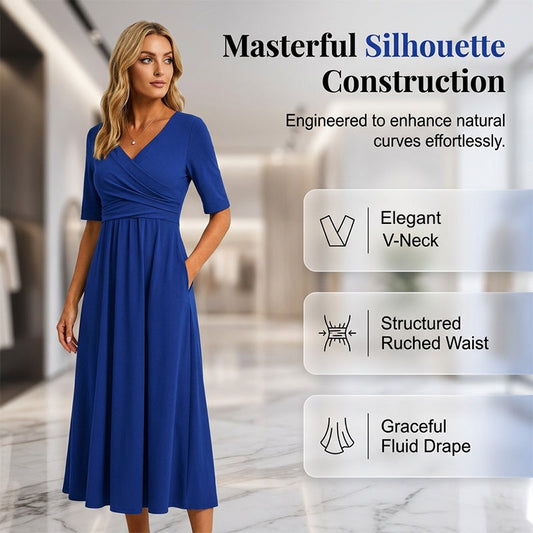 Women's Half Sleeve V-Neck Ruched Midi Dress