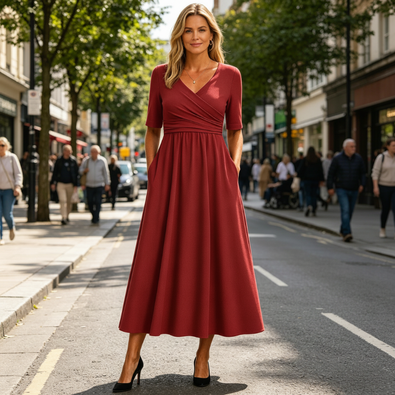 Women's Half Sleeve V-Neck Ruched Midi Dress