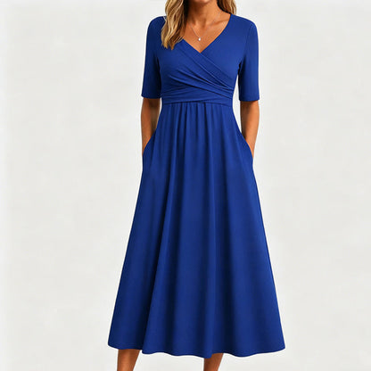Women's Half Sleeve V-Neck Ruched Midi Dress
