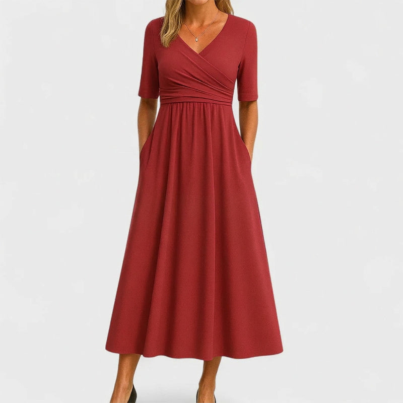 Women's Half Sleeve V-Neck Ruched Midi Dress