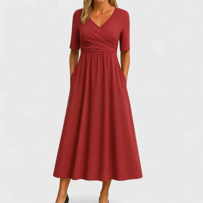 Women's Half Sleeve V-Neck Ruched Midi Dress
