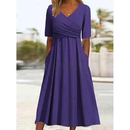 Women's Half Sleeve V-Neck Ruched Midi Dress