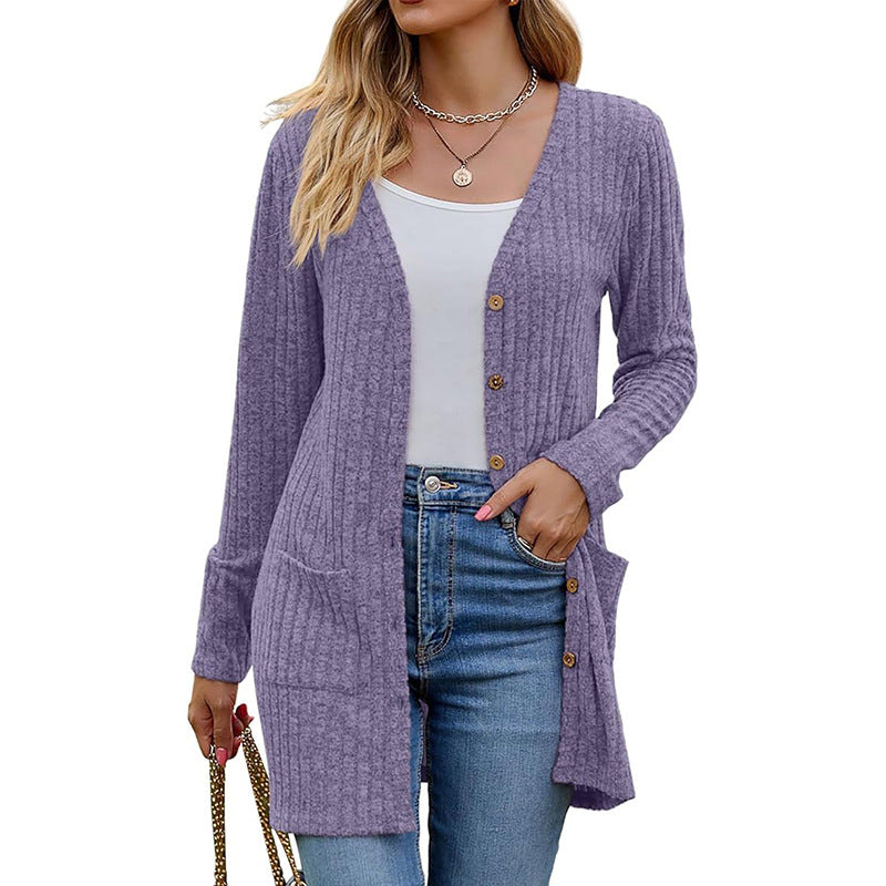 Mid-Length Knit Cardigan With Pockets