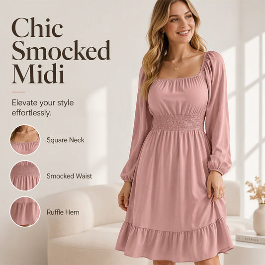 ⌛Limited-time offer-Women's Square Neck Smocked A-Line Dress