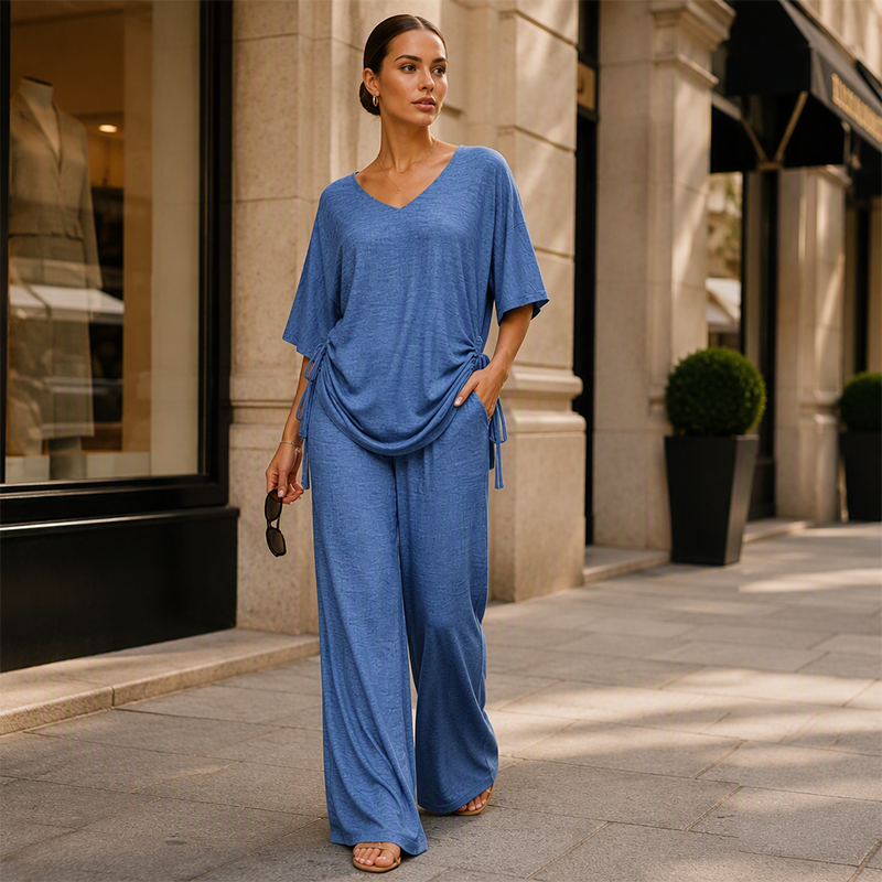 ✨🔥 Women’s Casual V-Neck Top & Wide-Leg Pants Set