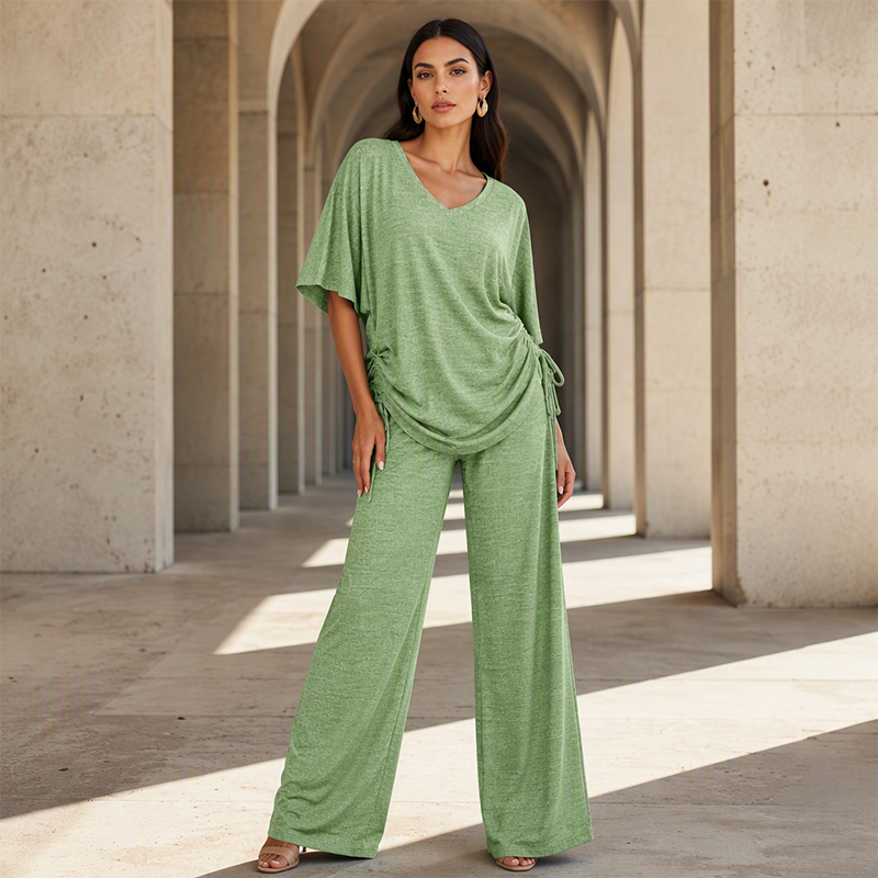 ✨🔥 Women’s Casual V-Neck Top & Wide-Leg Pants Set