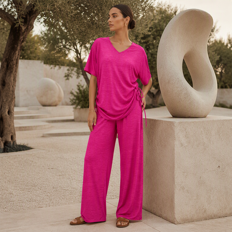 ✨🔥 Women’s Casual V-Neck Top & Wide-Leg Pants Set