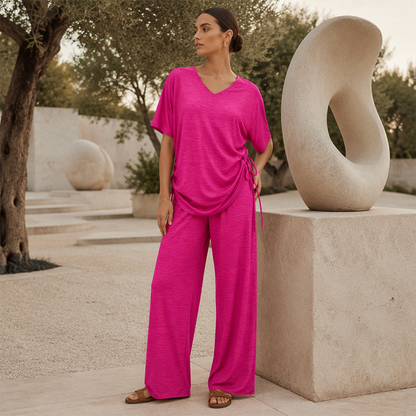 ✨🔥 Women’s Casual V-Neck Top & Wide-Leg Pants Set