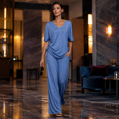 ✨🔥 Women’s Casual V-Neck Top & Wide-Leg Pants Set