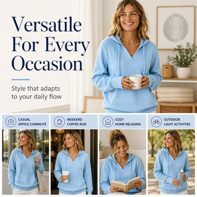 Women's Casual Solid V-Neck Hooded Sweater