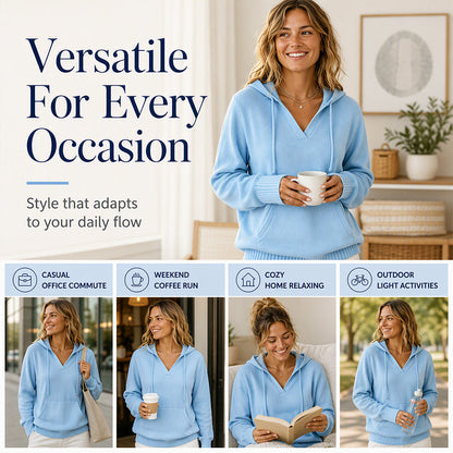 Women's Casual Solid V-Neck Hooded Sweater
