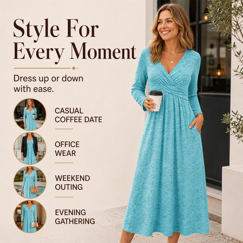 🌸 Women's Wrap V Neck Dress with Pockets– Flattering Feminine Fit With Pockets For Effortless Everyday Style 🤍