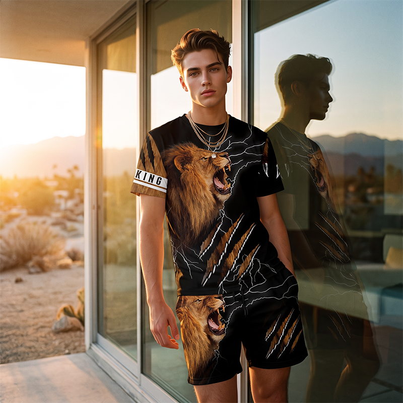 Men's Casual Animal Graphic T-Shirt and Shorts Set