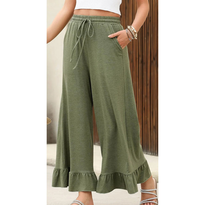 Women's Casual Wide-Leg Pants with Ruffle Hem