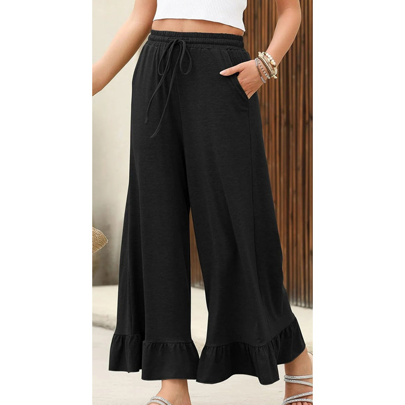Women's Casual Wide-Leg Pants with Ruffle Hem