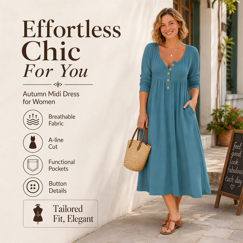 🌸Hot Sale 50% OFF💖Women's V-Neck Button Pleated Dress – Elegant Flowy Midi Dress For Effortless Everyday Style🤍